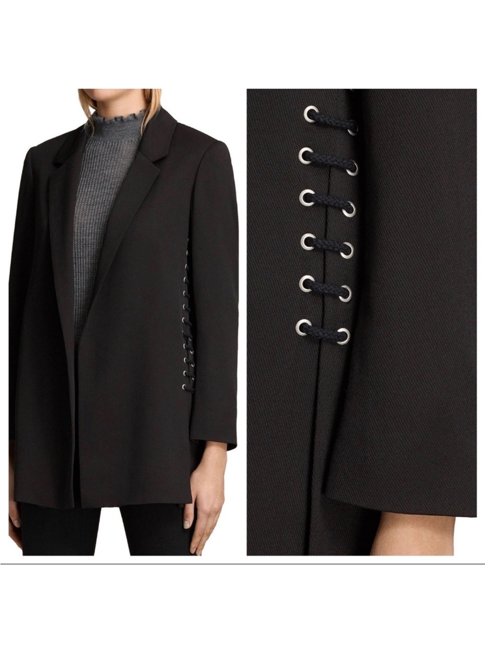 AllSaints Alexia Laced Open Front Black Blazer